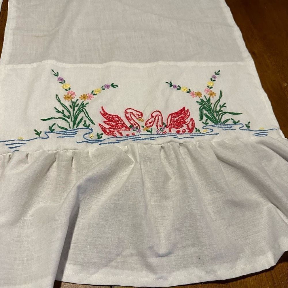 Vintage Handmade and Cross Stitched Swans and Floral White Small Window Panels - Picture 2 of 8